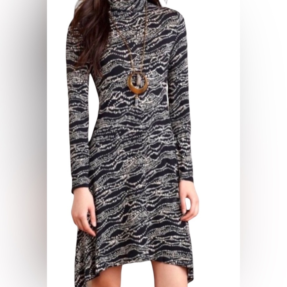 Anthropologie Maeve Black with White Dots Jersey Knit Turtleneck Dress M